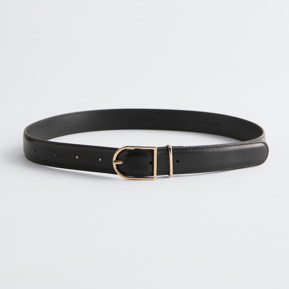 & Other Stories Black Leather Belt with Gold Buckle - Made in Italy - NWOT